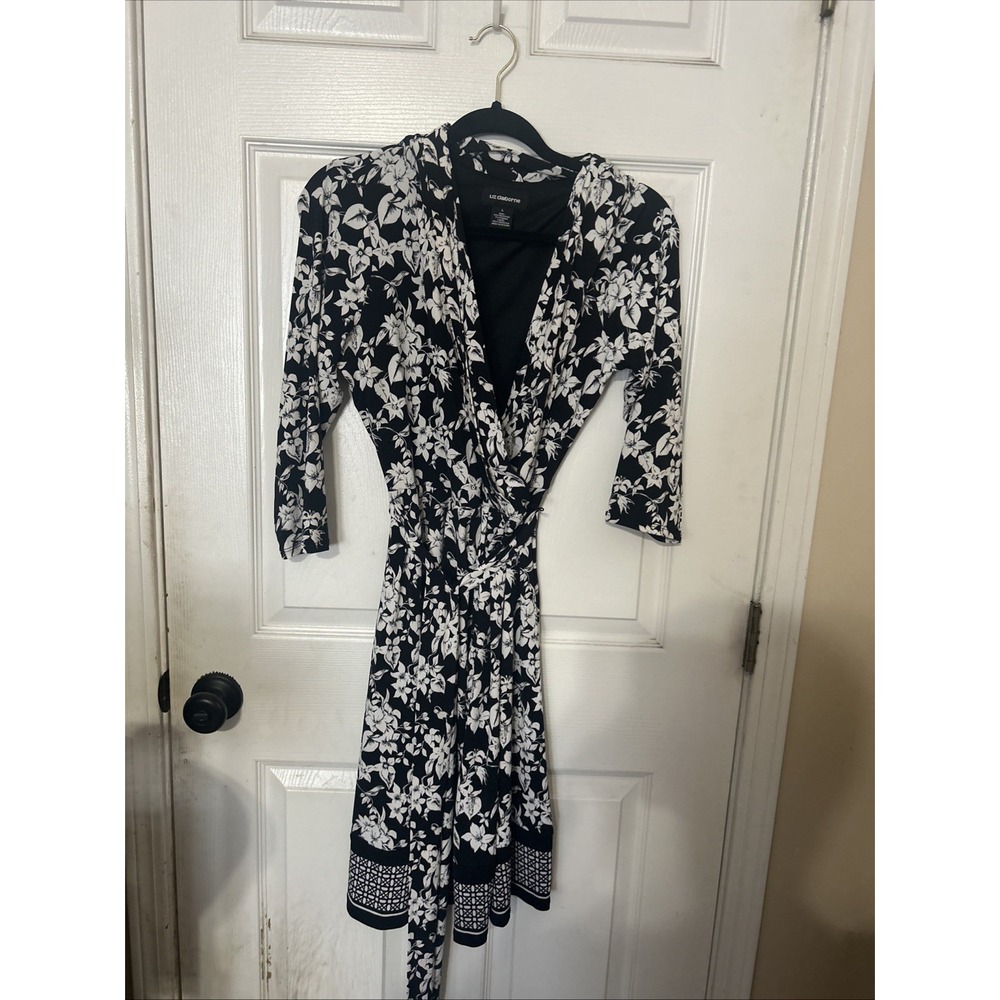 LIZ CLAIBORNE Dress White Black 3/4 Sleeve Belted Faux Wrap Sz L Stretchy